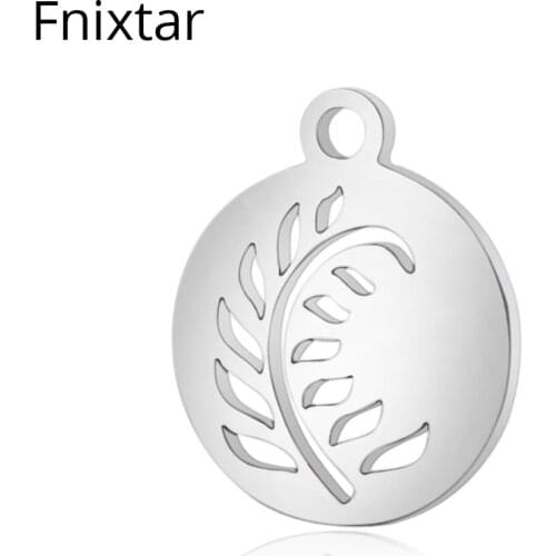 Fnixtar Polished 316L Stainless Steel Leaf Round Charms Pendant for DIY Jewelry Handmade Charms 12*14mm Birthday Gift 20pcs/lot