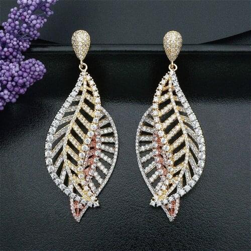 ModemAngel Luxury Special Luxury Leaves Cubic Zircons Three Color Dubai Women Engagement Bridal Wedding Party Earrings Jewelry