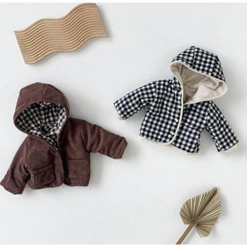 Fashion Plaid Thickened Warm Cotton Corduroy Coat Kids Double-sided Casual Hooded Jacket 6M-3T Winter Baby Boys And Girls Coat