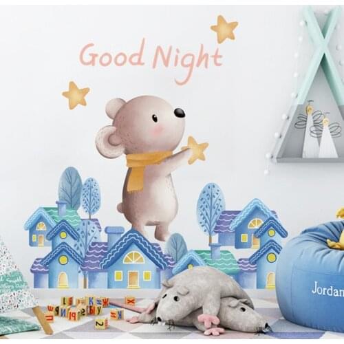 Cartoon Creative Wall Stickers Kids Room Decor Aesthetic Warm Bedroom Living Room Wall Decoration Good Night Town PVC Mural
