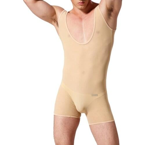 Men Undershirt Boxer Shorts Ultra-thin Mesh See Through Bodysuits Leotard Slip Homme Backless Erotic Jumpsuits Underwear Bikini