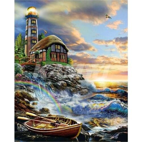 Ocean Wave Diamond Art Lighthouse Mosaic Embroidery Painting Rhinestone Drawing Picture Home Wall Papers Handcraft Gift Beadwork