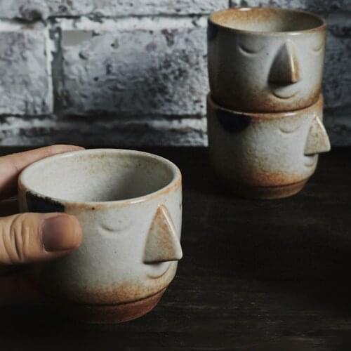 Personalized face rough pottery handmade coffee cup Zhiye glazed wood fired tea wine cup Japanese style teacup
