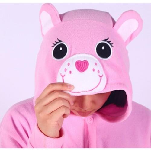 Adult Cartoon Animal Women Onesies Pajamas Hooded Pink Cute Bear Rainbow One-piece Sleepwear with Pockets Men Casual Homewear
