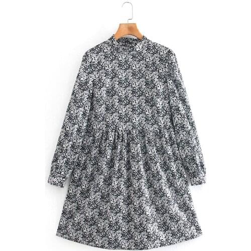 Long sleeve loose round neck dress floral print dress street casual straight dress