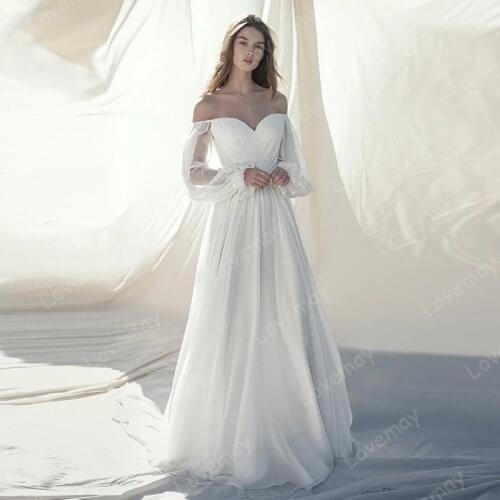 Off Shoulder Chiffon Beach Wedding Dresses 2021 Long Sleeves Pleated Boho Bridal Gowns Formal Bohemia Vestidos De Mariee