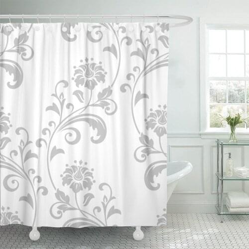 Gray Damask Floral Pattern Royal Grey Flowers on Graphic Shower Curtain Waterproof Polyester Fabric 72 x 78 Inches Set with Hook