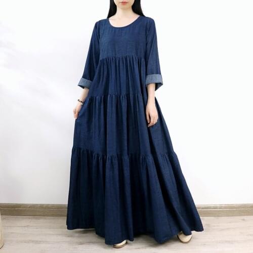 TIYIHAILEY Free Shipping Loose A-line Denim Dresses Women Long Maxi Vintage Chinese Style Jeans Full Sleeve O-neck Dresses