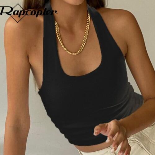 Rapcopter Solid Knitted Camis y2k Crop Top Sleeveless Backless Halter Top Women Summer Corset Top Sporty Sweat Streetwear 2021