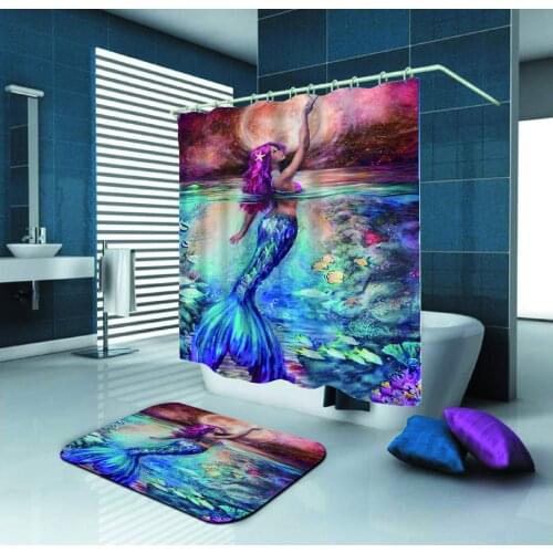 Sexy Mermaid Want to Touch Moon Polyester Fabric Shower Curtain