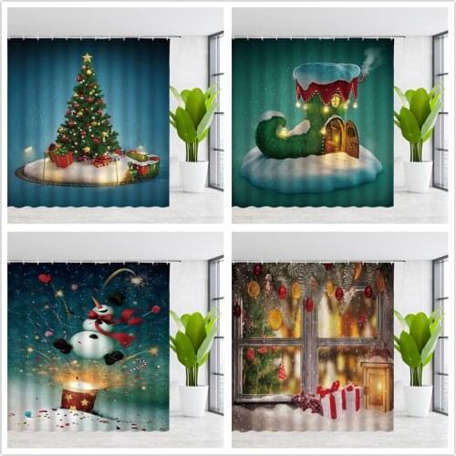Christmas Tree Shower Curtains Xmas Themed Dream Dot Winter Cartoon Landscape New Year Themed Bathroom Polyester Cloth Curtain