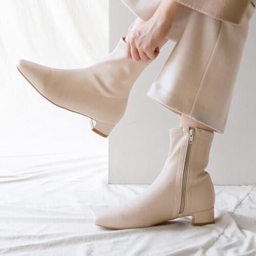 Women Ankle boots Leather size 33-42 ankle boots pointed toe side zipper 2020 winter shoes women Square head thick heel