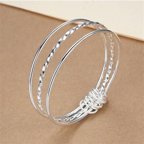 Womens Retro Geometry Rhombus Carved Polished Creative 3 in 1 Bangle Bracelet Ladies Fashion Jewelry 6CM Diameter BL0495