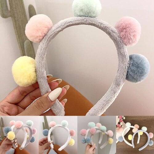 Women Cute Candy Color Winter Autumn Plush Headband Wash Face Pompom Hair Hoop
