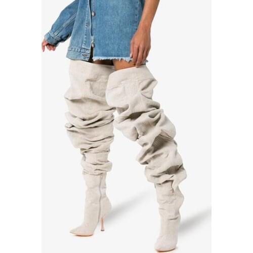 Women High Boots Pointed Toe Suede Leather Loose Pleated Over the Knee Thigh Long Spacious Trousers Boots Beige Brown Big Size