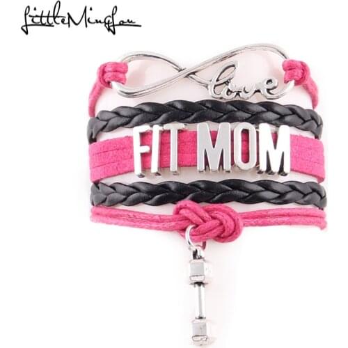 Little MingLou Infinity love Fit mom Bracelet dumbbell Charm bracelets & bangles for women leather braid hobby jewelry mom gift