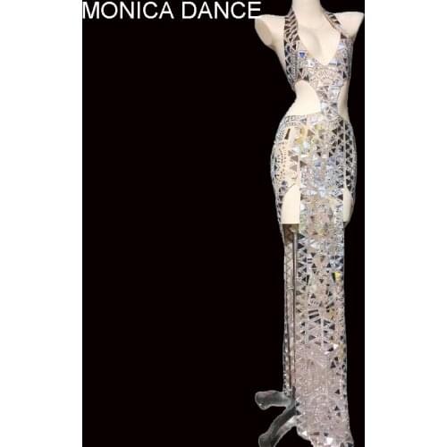 Women Sexy Stage Net Yarn Stretch Silver Dress Mirrors Crystals Dress Dance Costume Birthday Party Celebrate Crystals Dress