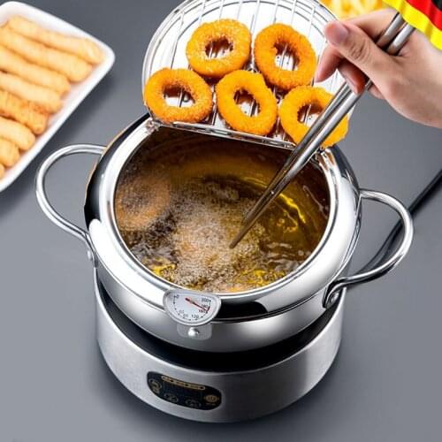 20/24cm 304 Stainless Steel Tempura Deep Frying Pot Fryer Pan with Thermometer and Drainer Kitchen Cookware Fried Food Cooker