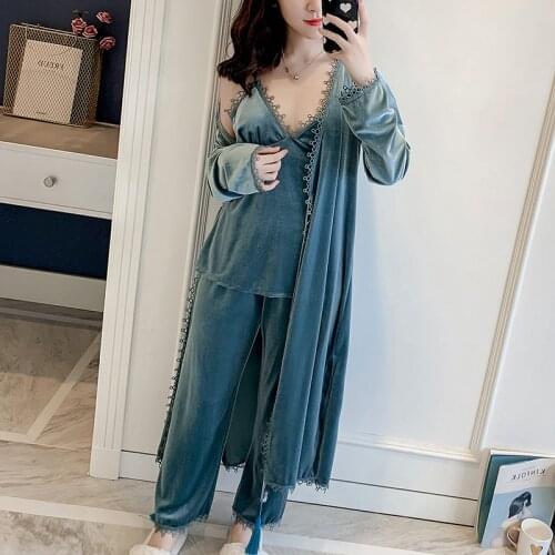 3PCS Pijamas Set Winter Womens Velour Nightwear Nighties Suit Autumn Home Clothes Gown Long Sleeve Sleepwear Wear Kimono Robe
