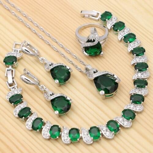 925 Silver Jewelry Sets For Women Green Cubic Zirconia Water Drop Ring Bracelet Necklace Pendant Earrings