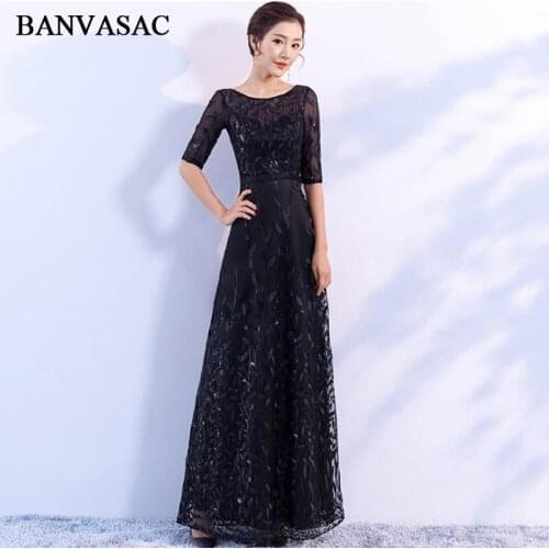 BANVASAC 2018 Sequined A Line O Neck Bow Sash Long Evening Dresses Lace Half Sleeve Backless Party Prom Gowns