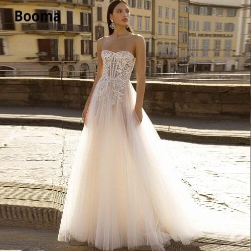 Booma 2020 Boho Wedding Dresses A Line Tulle Lace Applique Sweetheart Summer Beach Bridal Gowns Bohemian Sleeveless Open Back