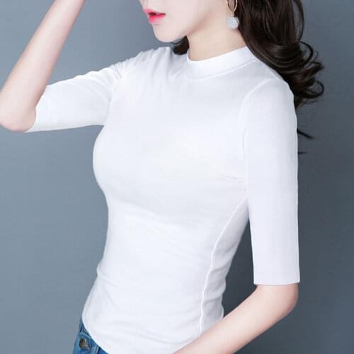 Woman Tshirts Turtleneck Mid Short Sleeve T-shirt Women Tight White Spring Top Ladies Tops Mujer Camisetas
