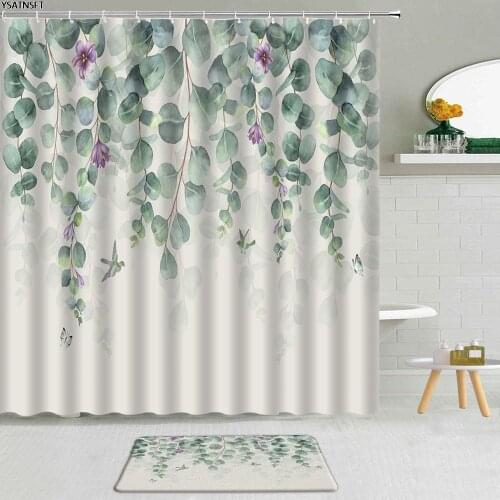 2Pcs Creative Plant Leaf Shower Curtain Green Vine Flower Simple Printing Pattern Fabric Non-Slip Bath Mat Bathroom Curtains Set