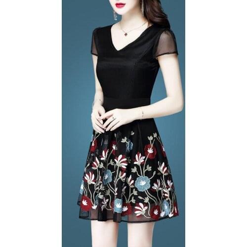 Summer New Heavy Industry Embroidery Fashion Temperament Mesh Breathable Korean A-line Cocktail Dresses 9050