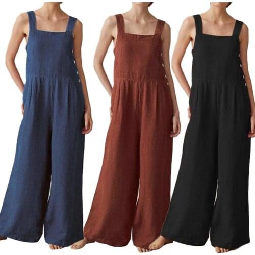 Hot Sales!!! Women Sleeveless Buttons Pockets Wide Leg Jumpsuit Bib Overall Work Clothes