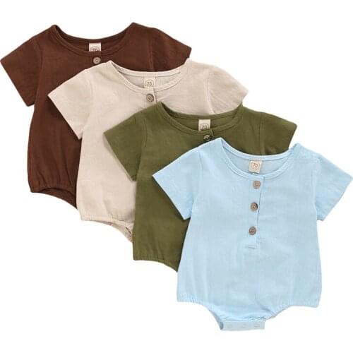 Fashion Short Sleeve Jumpsuits Baby Girls Boys Summer Solid Color Single-breasted One-piece Rompers