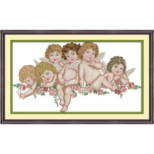 Joy Sunday Six Little Angel Girls Baby Printed on Canvas Cross Stitch Kits Chinese Counted Embroidery Needlework Decorations Set