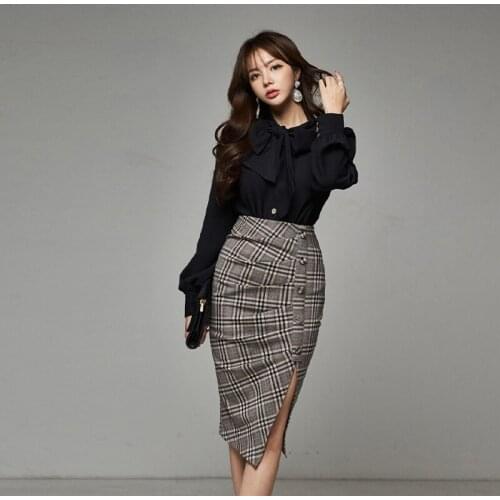 New arrival fashion set women spring OL temperament professional black chiffon shirt and asymmetrical skirt two piece set