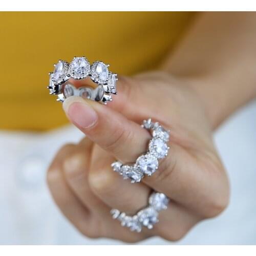 2020 new luxury 5A oval cubic zirconia full cz eternity band pink clear cz engagement ring for women big stone rings jewelry