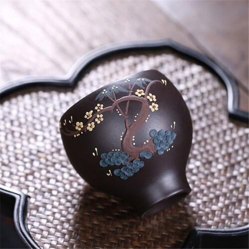 Original Ore Purple Clay Tea Cup Handmade Kung Fu Small Master Cup Creative Mud Painting Pine Tree Office Teacup Drinkware