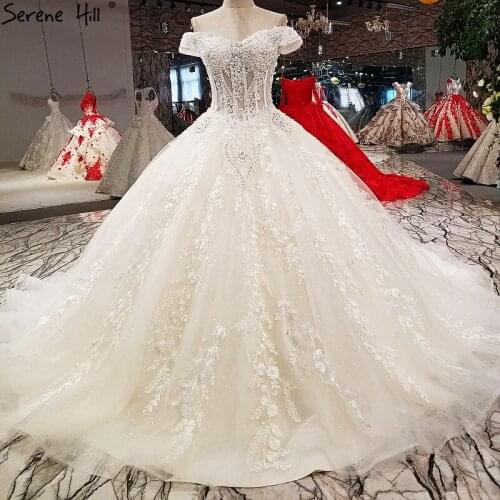 Serene Hill Sweetheart Ball Gown Wedding Dress 2019 Elegant Off Shoulder Lace Up Embroidery Bridal Gown with Long Train