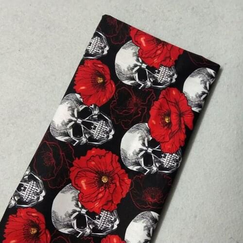 Pretty Blooming Red Rose Flower Skull Printed Cotton Fabric 50x105cm Floral Skull Fabric Patchwork Cloth Dress Home Decoration