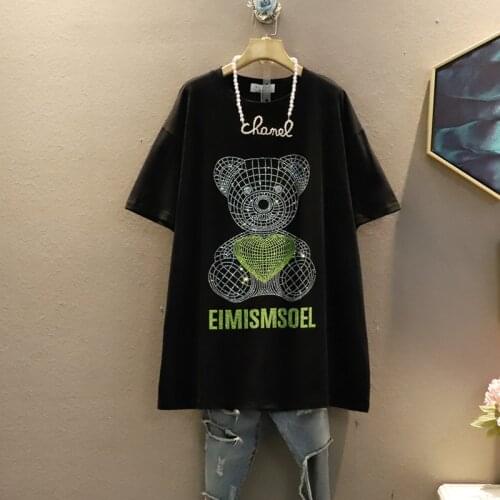 Large Size Women Cartoon Bear T Shirt 2021 Summer Women Rhinestone T Shirt Female Casual T Shirt Z771