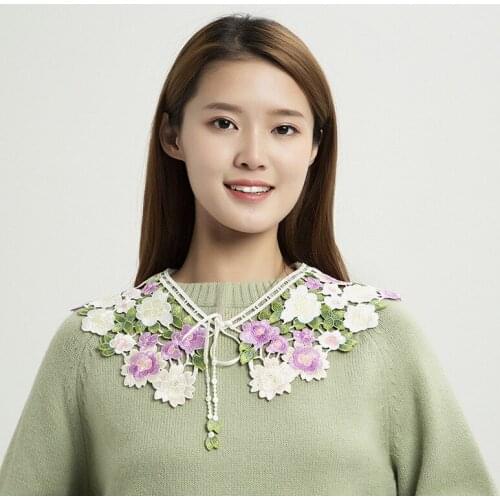 Women Embroidery Lace Cotton Chiffon Blouse Tops Chic Detachable Half Shirt Fake Collar Lady Cardigan Button Lapel False Collars