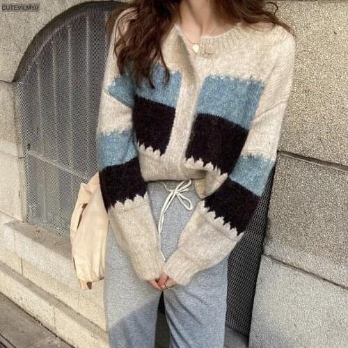 Woman Sweaters Spliced Cardigan Spring Autumn Patchwork Short Tops O-Neck Long Sleeve Knitted Fashion Casual Clothes