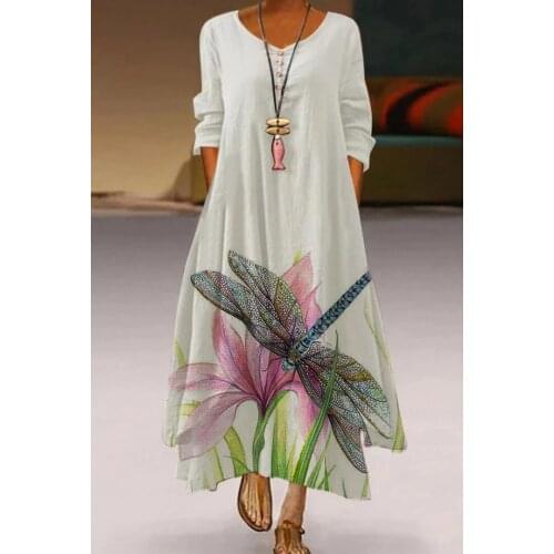 2021 Summer Dragonfly Floral Print Elegant Ladies Dress Beachwear Long Sleeve Dress Fashion Girls Boho Streetwear V-Neck Dresses