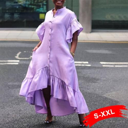 Vintage Buttons Up Irregular Oversized Shirt Dresses Women Red Short Ruffle Sleeve Maxi Vestidos Casual African Solid Color Robe