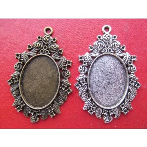 20pcs Antique Silver tone/Antique Bronze Oval Flower Base Setting Tray Bezel Pendant Charm/Finding,fit 18mmx25mm Cabochon/Cameo
