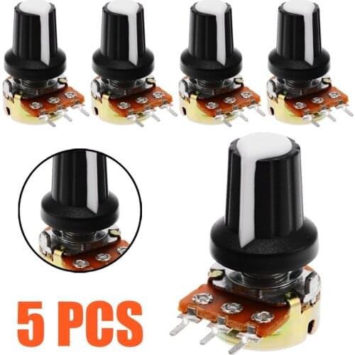 5 Piece 10K OHM Linear Resistor Potentiometer 3 Pin With White Knobs Caps Mono Stereo Pot Rotary Potentiometer 15mm Shaft