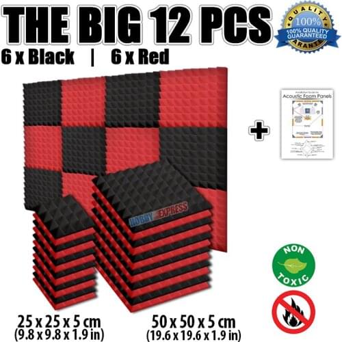 Arrowzoom 24 pcs Black and Red Pyramid Tiles Set Acoustic Studio Panel Sound Absorption Foam KK1034