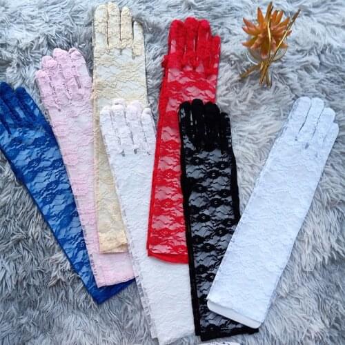 White Red Black Pink Lace Gloves Women Elbow Length Full Finger Bridal Long Gloves Wedding Gloves Gants De Mariee Accessories