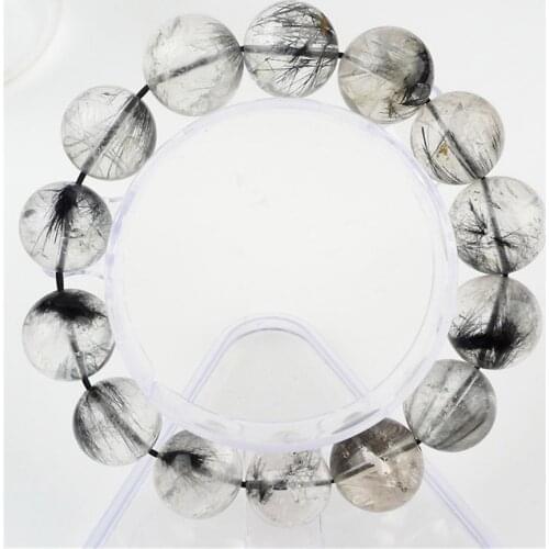 14mm Brazilian Genuine Black Hair Needle Rutilated Quartz Crystal Round Bead Fashion Stretch Charm Men Bracelet