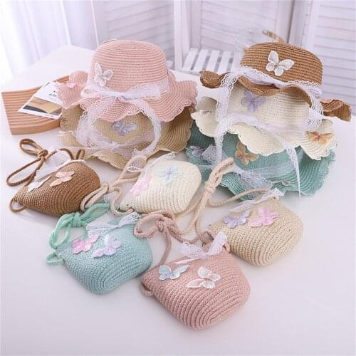 Kids Children Girls Butterfly Sunshade Hat Straw Beach Sun Hat + Straw Bag Lovely Princess Hat For Baby Girls Summer sun hat