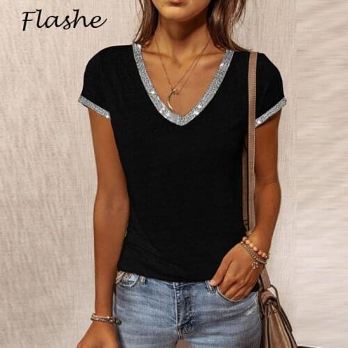 Summer T-shirt Women V Neck Patchwork Casual Short Sleeve Women Shirt New Fashion Loose T Shirt Top Ladies Tee Streetwear 2021