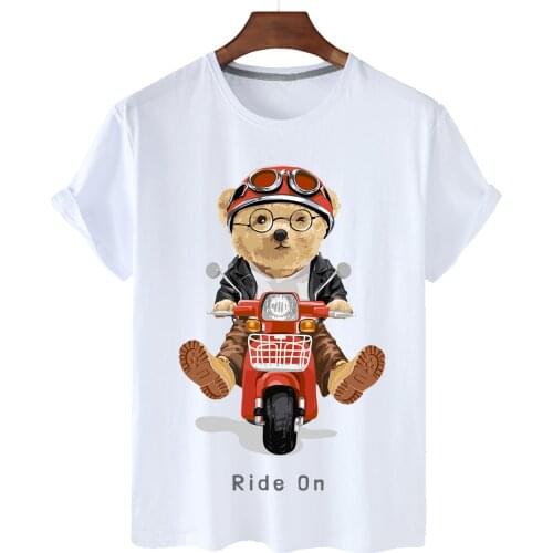 Cartoon Motorcycle Bear Print Cotton T-shirt Female Top Cartoon T-shirt Harajuku Top T-shirt Cute Short-sleeved Animal